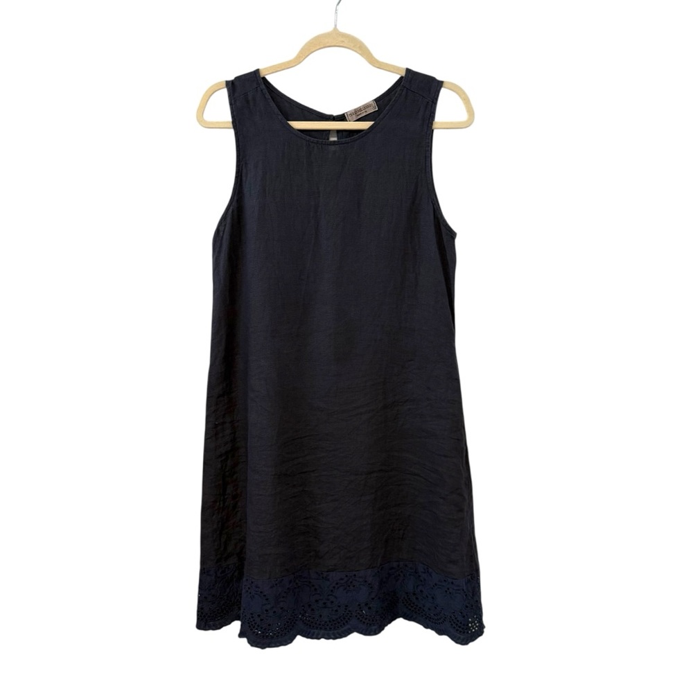 Terzo Millennio Small Navy Blue Eyelet Hem Linen Sleeveless Shift Dress